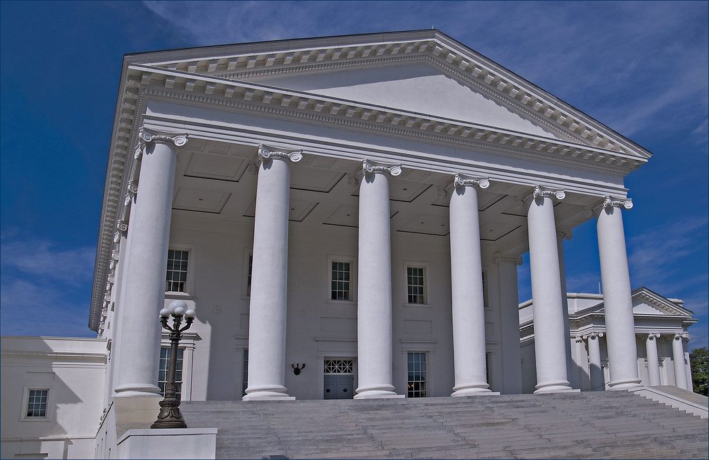 The Virginia State Capitol in Richmond, its white columned portico designed by Thomas Jefferson